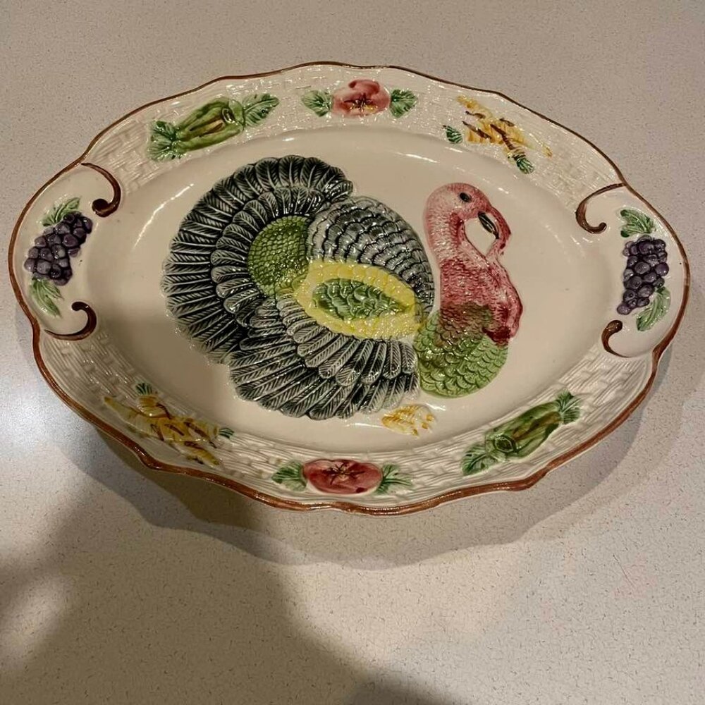 VTG 70s California USA Pottery Large Hand Painted Thanksgiving Turkey Platter